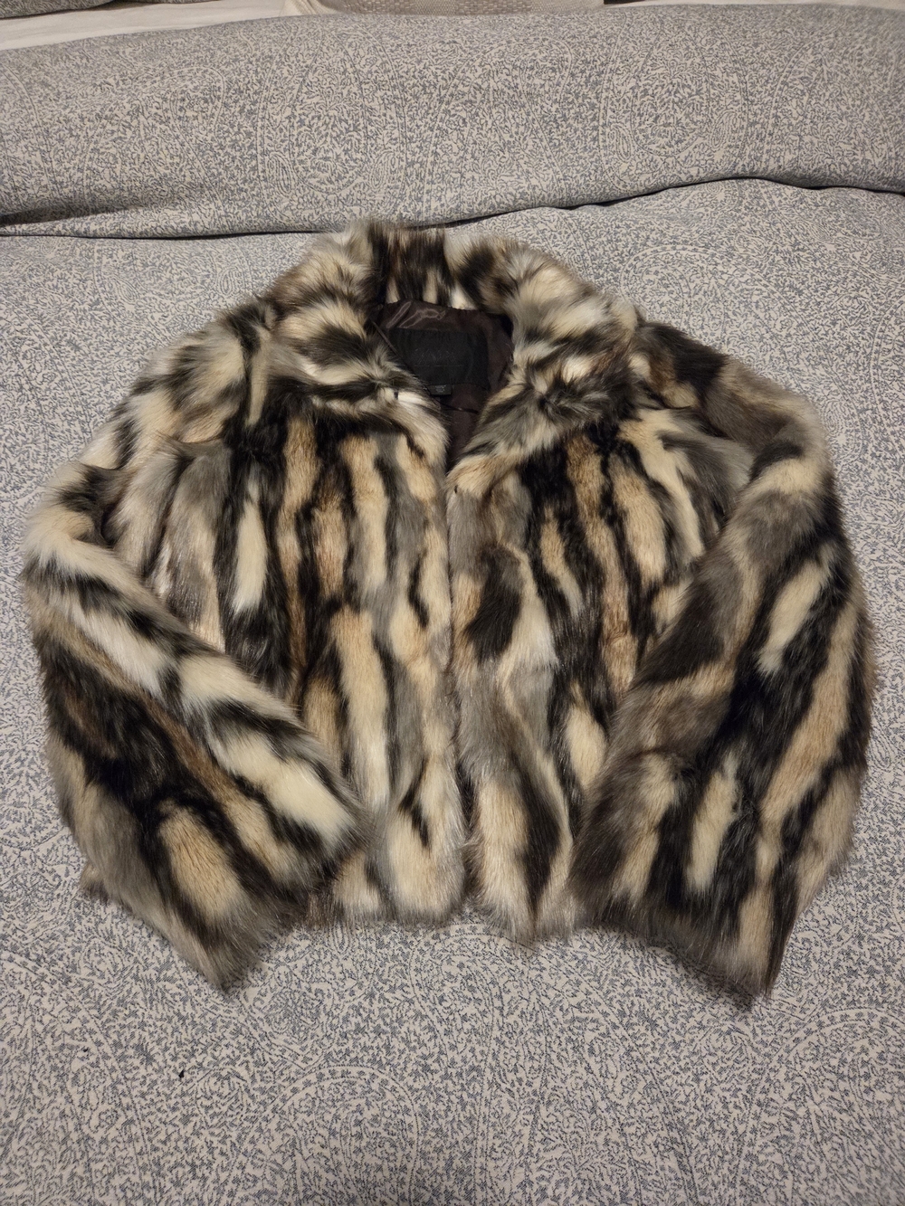 Zara Faux Fur Striped Cropped Jacket in Mixed Neutrals